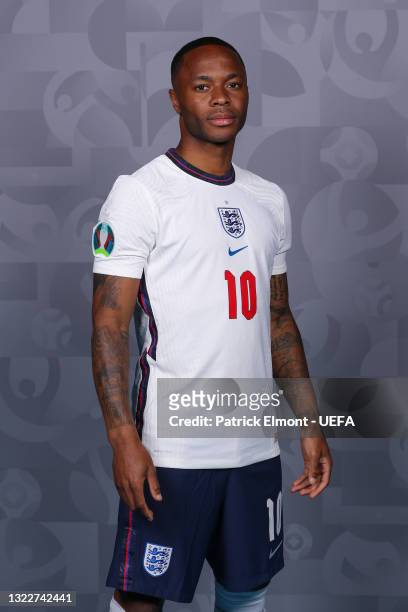 Raheem Sterling of England poses during the official UEFA Euro 2020 media access day at St George's Park Futsal Arena on June 08, 2021 in Burton upon...