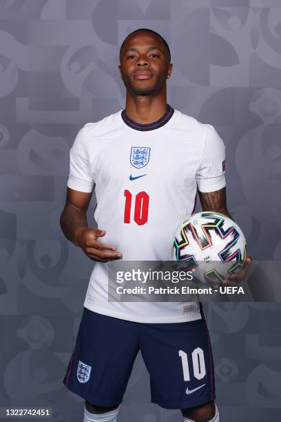 Raheem Sterling of England poses during the official UEFA Euro 2020 media access day at St George's Park Futsal Arena on June 08, 2021 in Burton upon...