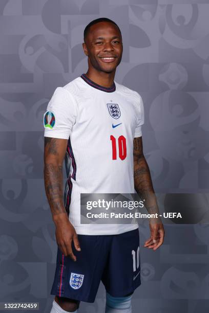 Raheem Sterling of England poses during the official UEFA Euro 2020 media access day at St George's Park Futsal Arena on June 08, 2021 in Burton upon...