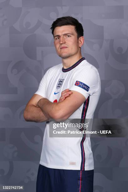 Harry Maguire of England poses during the official UEFA Euro 2020 media access day at St George's Park Futsal Arena on June 08, 2021 in Burton upon...