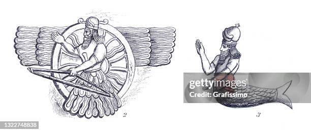 east semitic god ashur and dagon assyrian goddess - mesopotamian art stock illustrations