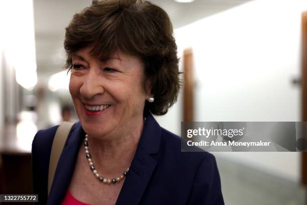 Sen. Susan Collins arrives to a closed door meeting in the Dirksen Senate Office Building on June 09, 2021 in Washington, DC. The group of bipartisan...