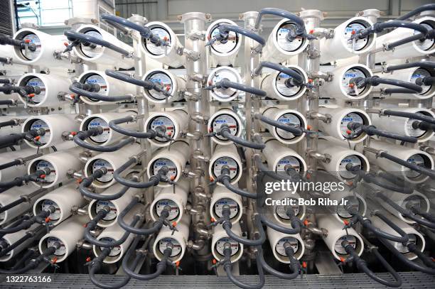 Views inside the Reverse Osmosis Facility at Orange County Water District where a high-pressure membrane removes minerals, pesticides, viruses and...