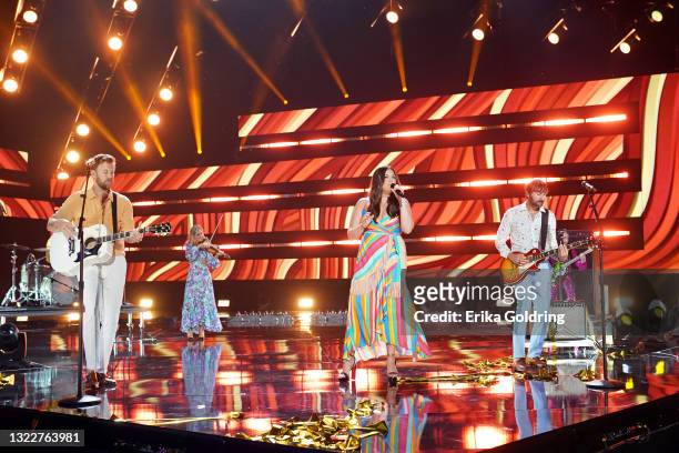 Charles Kelley, Hillary Scott and Dave Haywood of musical group Lady A perform onstage the 2021 CMT Music Awards at Bridgestone Arena on June 09,...