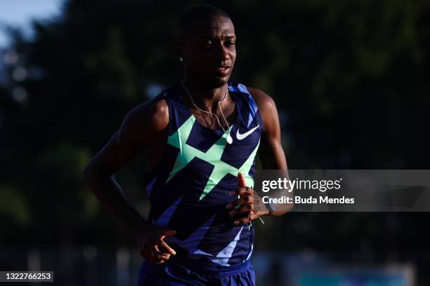 Brazilian track athlete Thiago do Rosario Andre exercises during a training session ahead of Tokyo Olympic Games at Centro Olimpico de Treinamento e...