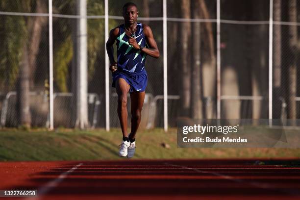 Brazilian track athlete Thiago do Rosario Andre exercises during a training session ahead of Tokyo Olympic Games at Centro Olimpico de Treinamento e...