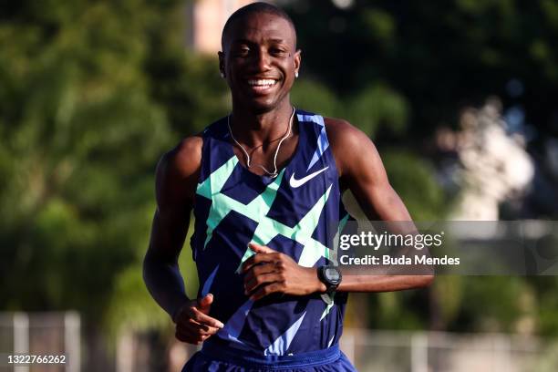 Brazilian track athlete Thiago do Rosario Andre exercises during a training session ahead of Tokyo Olympic Games at Centro Olimpico de Treinamento e...