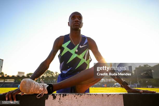 Brazilian track athlete Thiago do Rosario Andre warms up during a training session ahead of Tokyo Olympic Games at Centro Olimpico de Treinamento e...