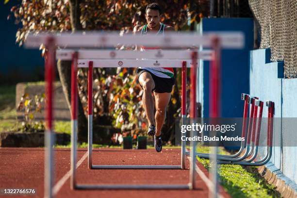 Brazilian high hurdles athlete Rafael Henrique exercises during a training session ahead of Tokyo Olympic Games at Centro Olimpico de Treinamento e...
