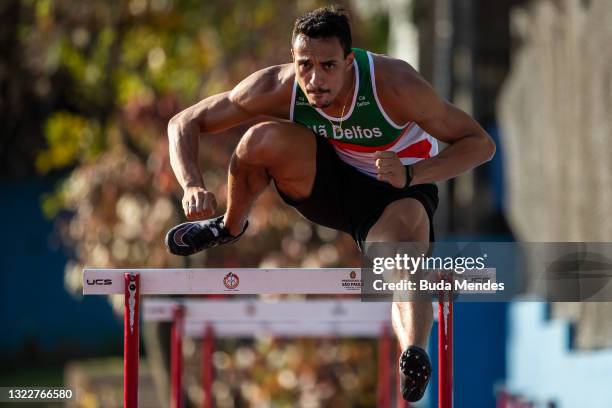 Brazilian high hurdles athlete Rafael Henrique exercises during a training session ahead of Tokyo Olympic Games at Centro Olimpico de Treinamento e...