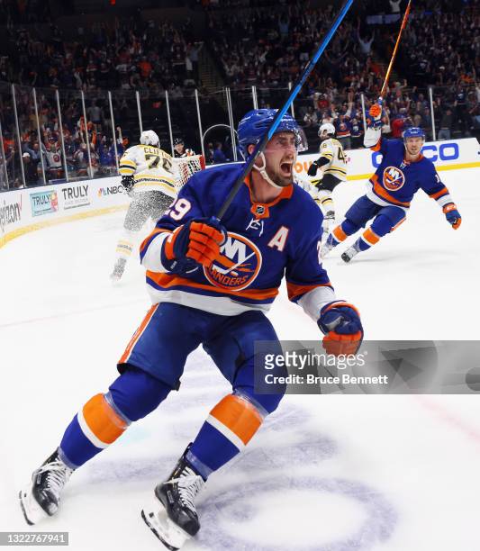 Brock Nelson of the New York Islanders scores against the Boston Bruins at 5:20 of the second period in Game Six of the Second Round of the 2021 NHL...