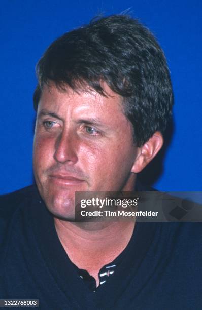 Phil Mickelson attend a press conference after winning the AT&T Pebble Beach Pro Am on August 17, 1998 in Pebble Beach, California.