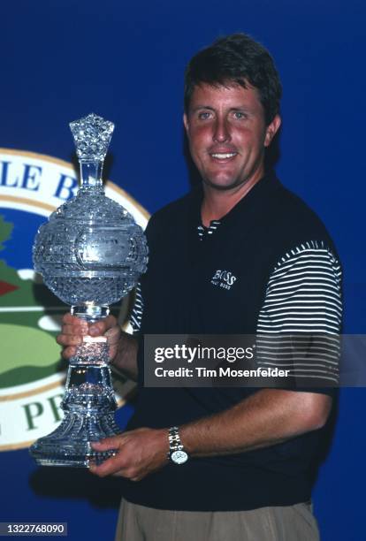 Phil Mickelson accepts the winning trophy during the AT&T Pebble Beach Pro Am on August 17, 1998 in Pebble Beach, California.