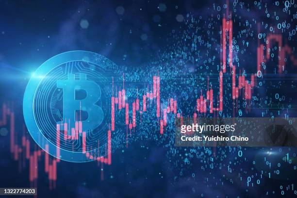 bitcoin and candlestick chart - bitcoin stock pictures, royalty-free photos & images