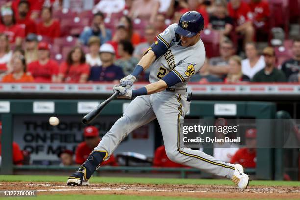 Christian Yelich of the Milwaukee Brewers grounds out in the third inning against the Cincinnati Reds at Great American Ball Park on June 09, 2021 in...