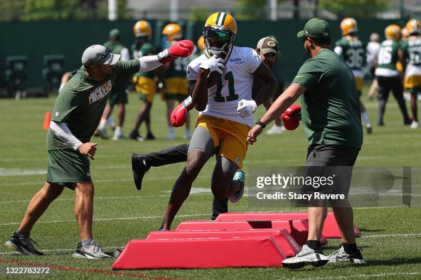 Devin Funchess of the Green Bay Packers works out during training camp at Ray Nitschke Field on June 09, 2021 in Ashwaubenon, Wisconsin.