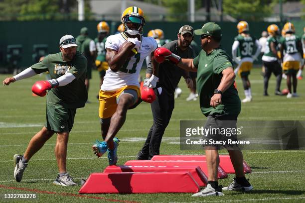 Devin Funchess of the Green Bay Packers works out during training camp at Ray Nitschke Field on June 09, 2021 in Ashwaubenon, Wisconsin.
