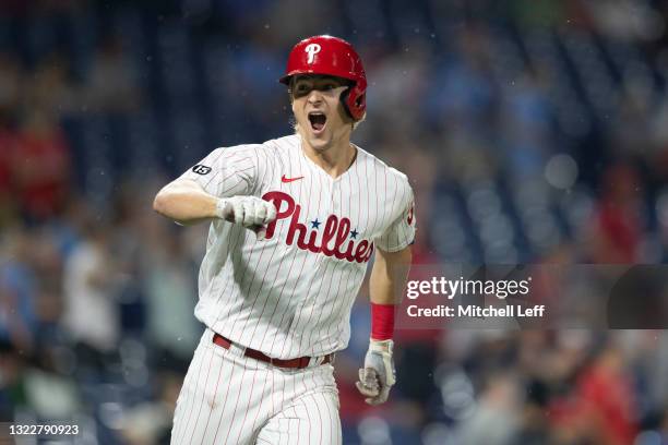 Luke Williams of the Philadelphia Phillies reacts after hitting a walk-off two run home run in the bottom of the ninth inning against the Atlanta...