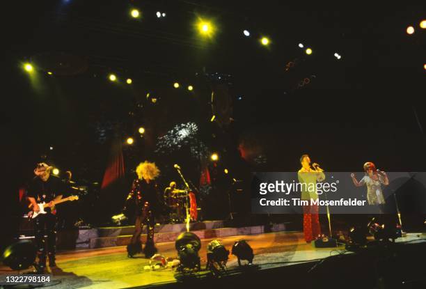 Keith Strickland, Cindy Wilson, Fred Schneider, and Kate Pierson of The B-52's perform at Shoreline Amphitheatre on August 9, 1998 in Mountain View,...