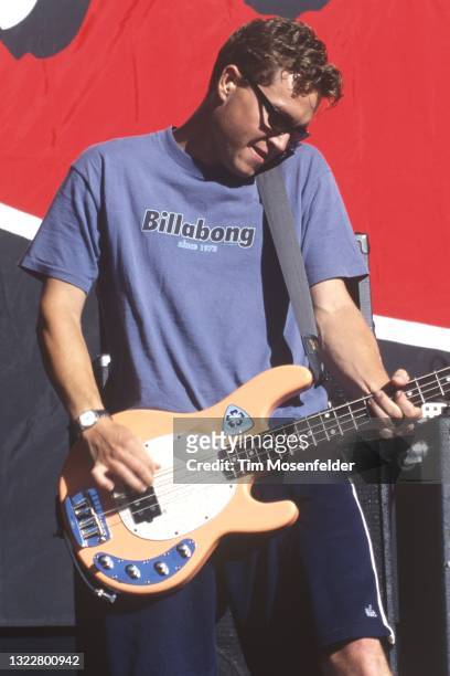 Mark Hoppus of Blink 182 performs during Live 105's BFD at Shoreline Amphitheatre on June 18, 1998 in Mountain View, California.