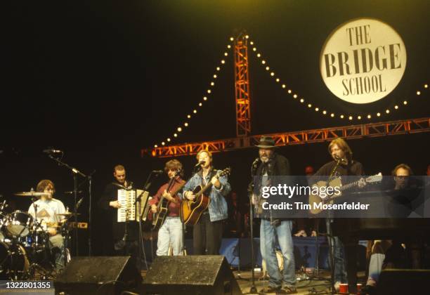 Jon Fishman, Mike Gordon, Sarah McLachlan, Neil Young, Trey Anastasio, and Page McConnell perform during Neil Young's Annual Bridge School benefit at...