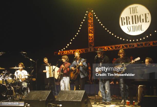 Jon Fishman, Mike Gordon, Sarah McLachlan, Neil Young, Trey Anastasio, and Page McConnell perform during Neil Young's Annual Bridge School benefit at...