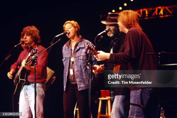 Mike Gordon, Sarah McLachlan, Neil Young, and Trey Anastasio perform during Neil Young's Annual Bridge School benefit finale at Shoreline...