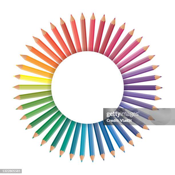 rainbow colored pencils arts and crafts coloring banner round shape - coloured pencils stock illustrations