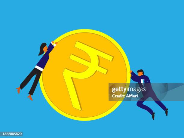 rolling rupee coin - couple with financial advisor stock illustrations