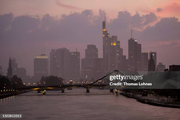 Rain falls over the finance district and the European Central Bank on June 09, 2021 in Frankfurt, Germany. While the German economy is showing...