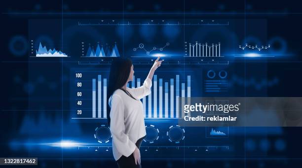 hands of businessman analyzing sales data and economic growth graph chart on tablet and hologram screen. business strategy and digital data, business technology, digital marketing. - hud graphic imagens e fotografias de stock