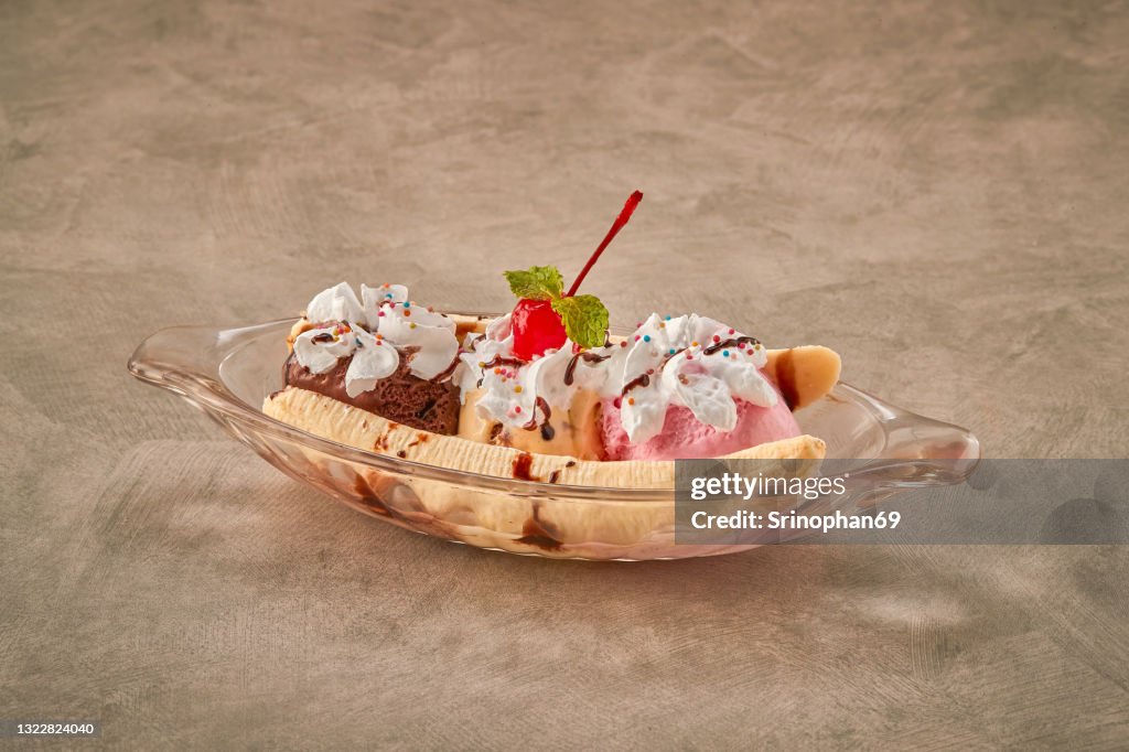 Banana split, and ice cream dessert with toppings