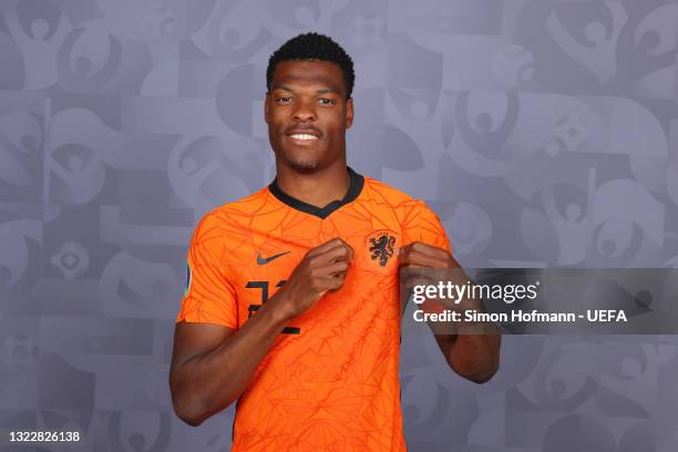Denzel Dumfries of Netherlands poses during the official UEFA Euro 2020 media access day on June 07, 2021 in Zeist, Netherlands.