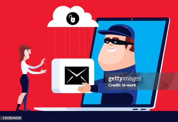 scammer giving mail icon to woman with unsafe cloud computing via laptop - scammer stock illustrations