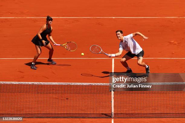 Joe Salisbury of Great Britain, playing partner of Desirae Krawczyk of The United States plays a forehand in their Mixed Doubles Final match against...