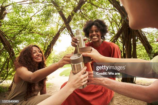 group of friends doing 'cheers' with insulated cups after a long walk in forest - westeuropa stock-fotos und bilder