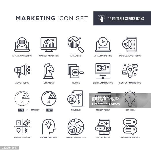 illustrazioni stock, clip art, cartoni animati e icone di tendenza di icone della linea di tratto modificabile di marketing - ricerca di mercato