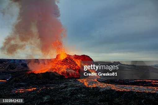Fagradalsfjall volcano erupting, Reykjanes Peninsula, South West Iceland, Iceland Fagradalsfjall volcano erupting, Reykjanes Peninsula, South West Iceland, Iceland