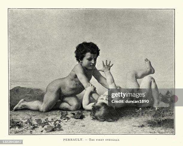 two boys play fighting, after perrault, french 19th century art - mischief stock illustrations