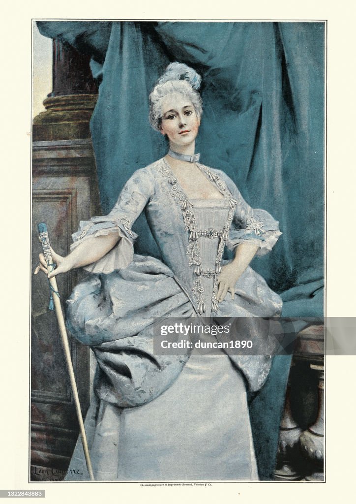 Franse dame uit de hogere klasse, damesmode uit het Lodewijk XV-tijdperk, 18e eeuw