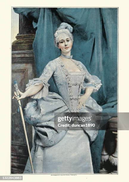 stockillustraties, clipart, cartoons en iconen met franse dame uit de hogere klasse, damesmode uit het lodewijk xv-tijdperk, 18e eeuw - france costume