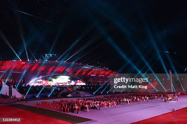 Athletes of all participating nations line up during the Opening Ceremony on day one of the 2011 Southeast Asian Games at Jakabaring Stadium on...