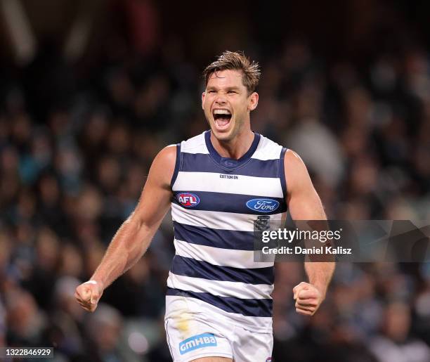 Tom Hawkins of the Cats celebrates after kicking a goal during the round 13 AFL match between the Port Adelaide Power and the Geelong Cats at...