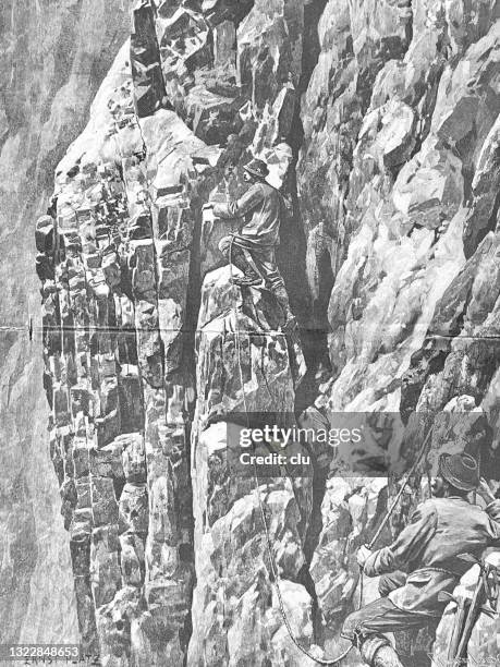 ascent of the watzmann from st. bartholomä: at the most difficult point - watzmann stock illustrations