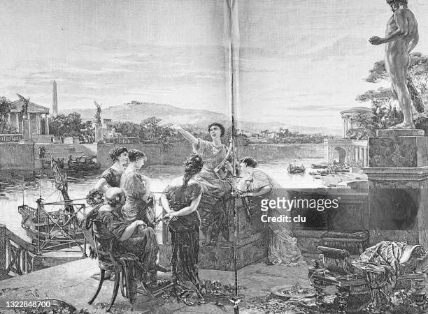 catullus discussing with friends at the tiber, rome - greek god apollo stock illustrations
