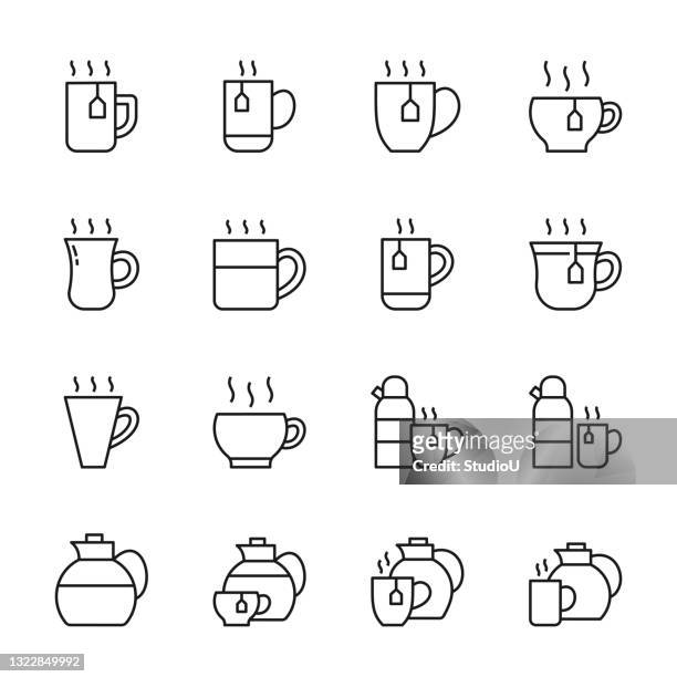 illustrations, cliparts, dessins animés et icônes de icônes de la ligne de boissons chaudes - mug
