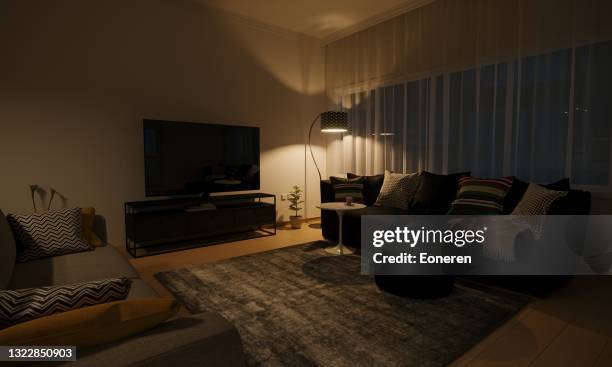 minimalistisches wohnzimmer-interieur - living room television stock-fotos und bilder