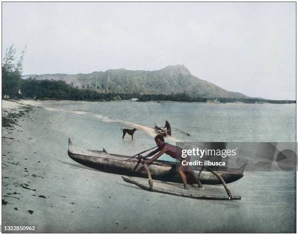 ilustraciones, imágenes clip art, dibujos animados e iconos de stock de fotografías históricas antiguas de la marina y el ejército de los e.e.u.u.: canoas hawaianas - isla grande de hawái islas de hawái