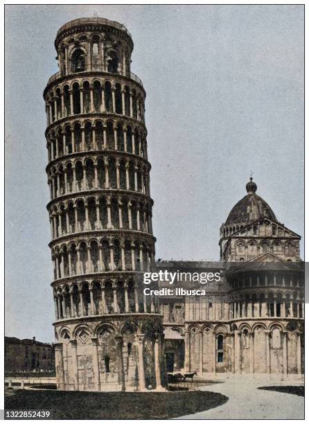 ilustrações, clipart, desenhos animados e ícones de foto antiga dos marcos mundiais (por volta de 1894): catedral e torre inclinada de pisa, itália - torre de pisa