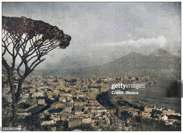 antique photo of world's landmarks (circa 1894): bay of naples and vesuvius, italy - mt vesuvius stock illustrations